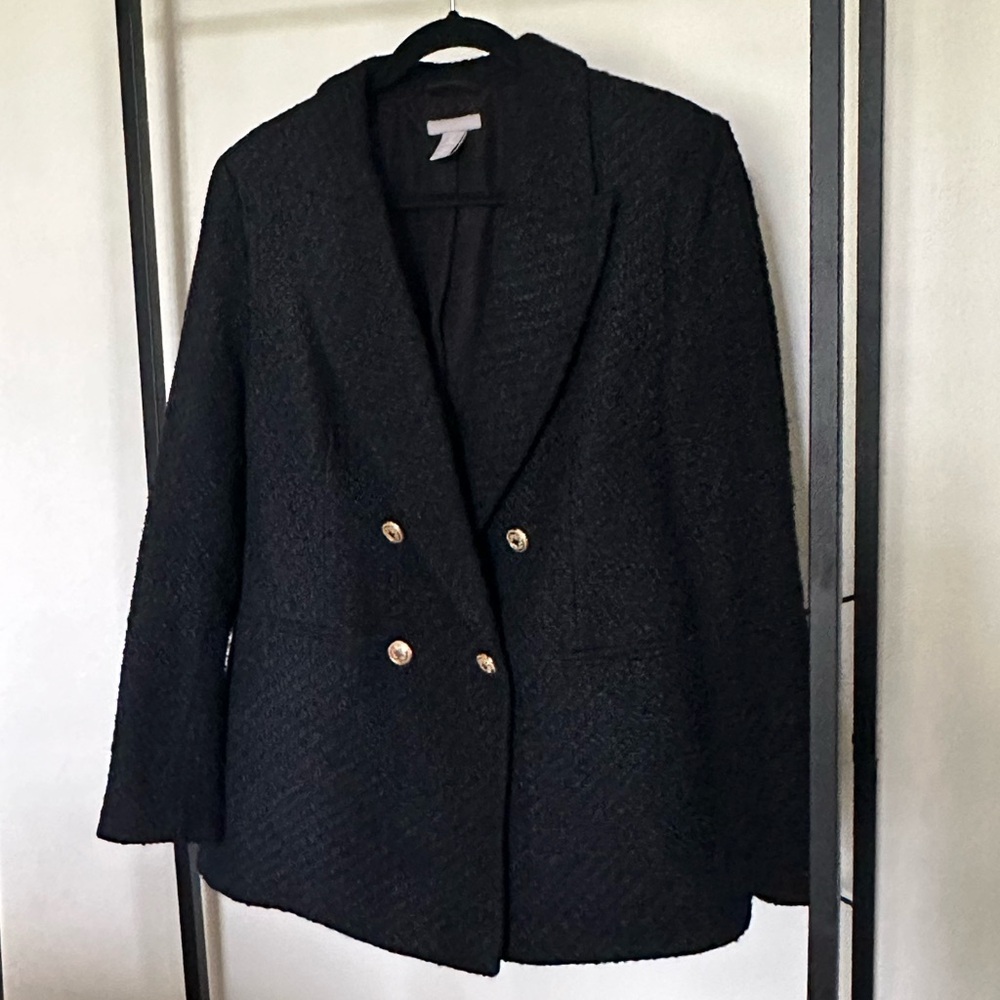 Black double breasted tweed blazer with gold buttons